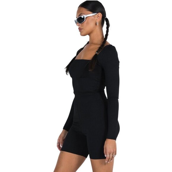 Princess Polly Black Ribbed Sara Playsuit Romper, Square Neck US 18 - Picture 2 of 12